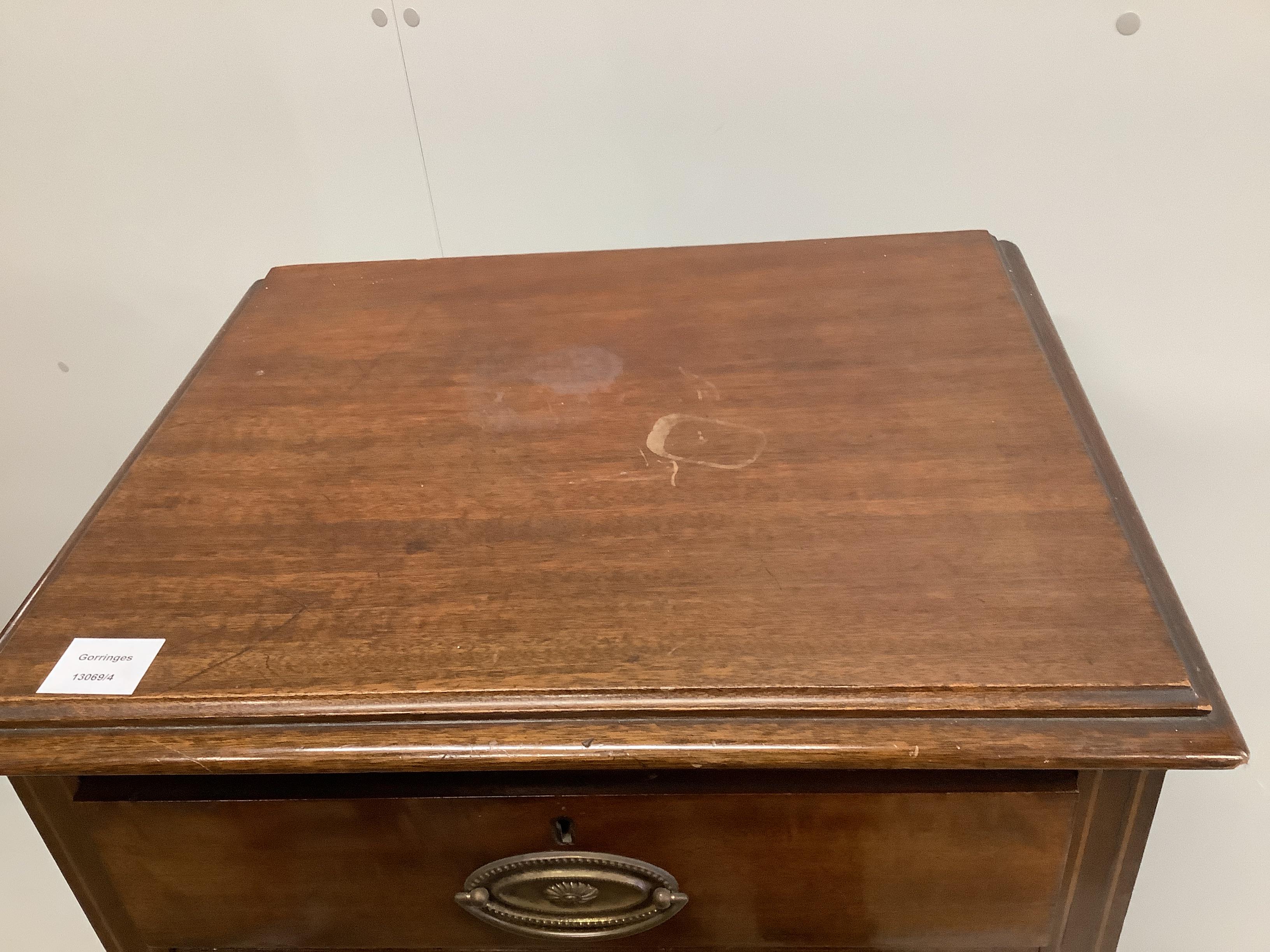 An Edwardian mahogany six drawer pillar chest, width 50cm, depth 41cm, height 125cm